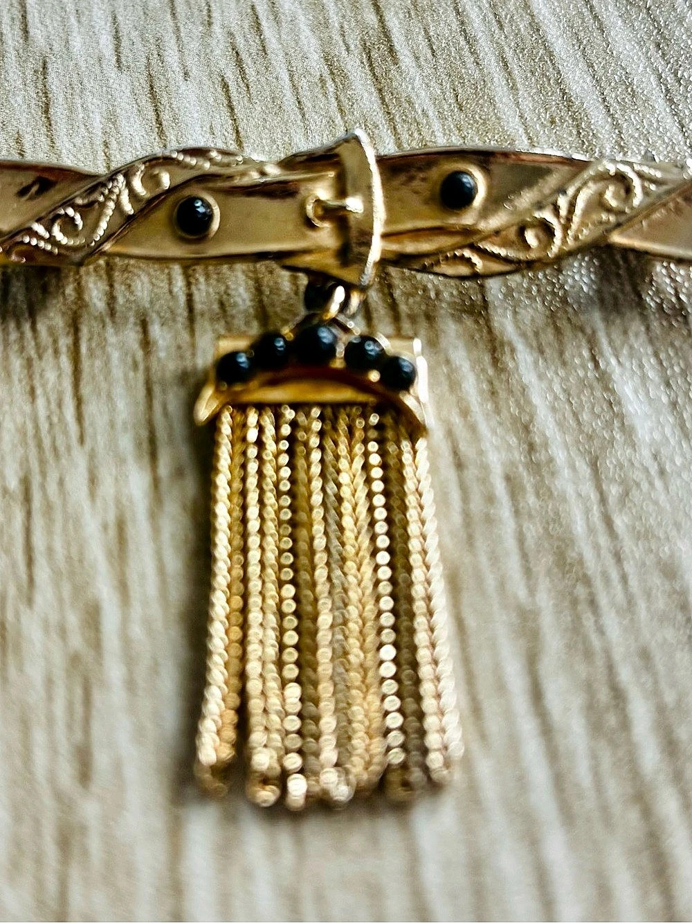 Gold with Onyx Seed Stones and  Tassel Detail Brooch